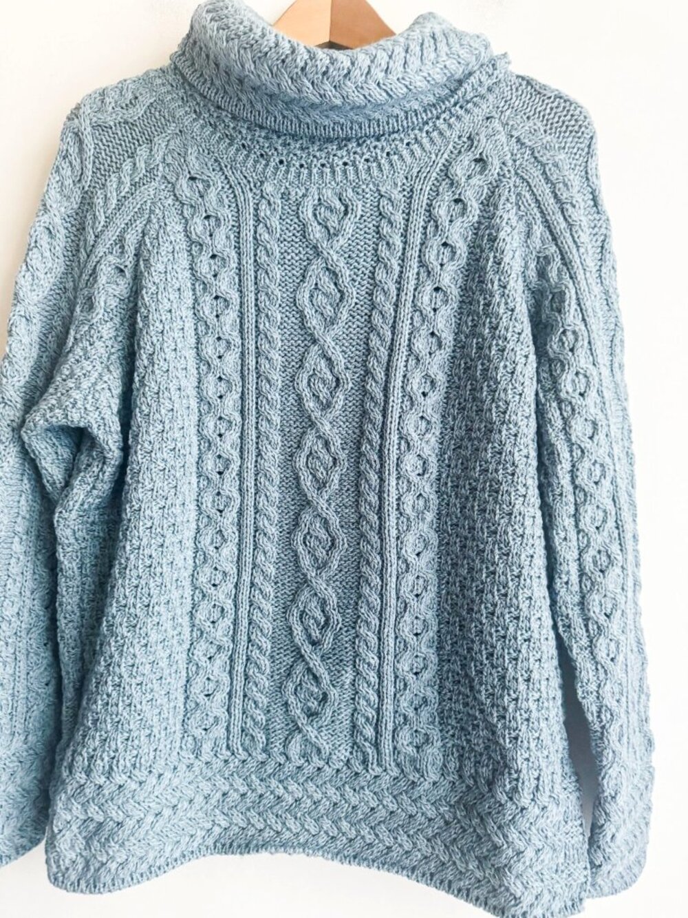 Aran Mor Blue Mock Neck Merino Wool Chunky Pullover L - Picture 2 of 4